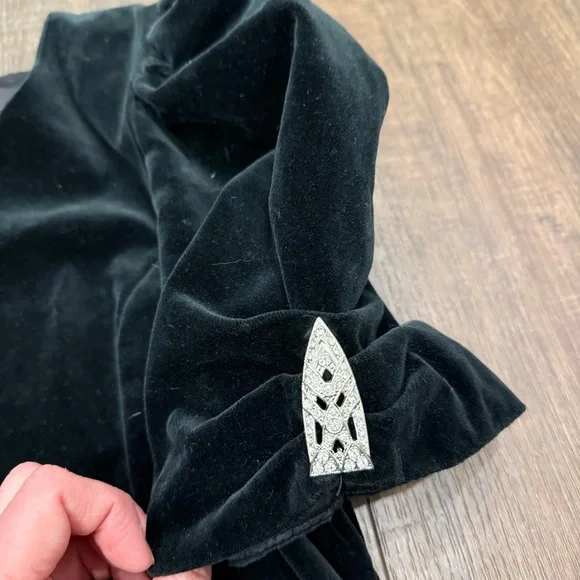 Vintage 80s Maggie Breen black velvet embellished sleeves dress 14P mini - Picture 4 of 13